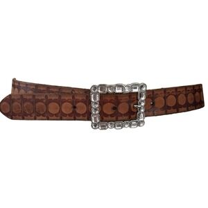 Y2K Old Navy Belt Medium Brown Leather Tooled Rhinestone Buckle Boho Western